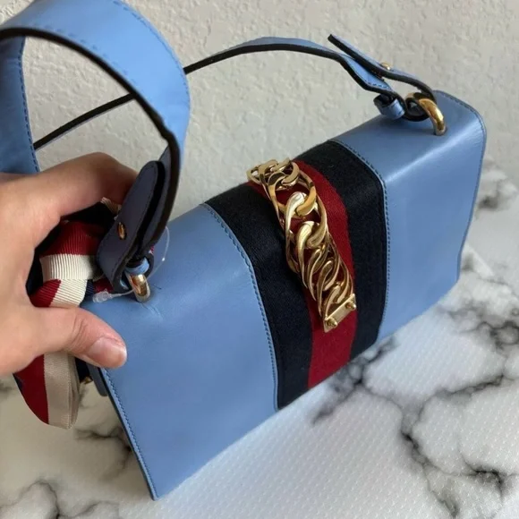 Gucci Sylvie Light Blue Crossbody Bag with Red and Gold Details - Picture 2 of 16